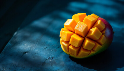 Vibrant Close-up of a Cubed Mango on a Moody Blue Surface. It is a close-up shot of a mango, meticulously diced and artfully arranged to highlight its rich color and texture.