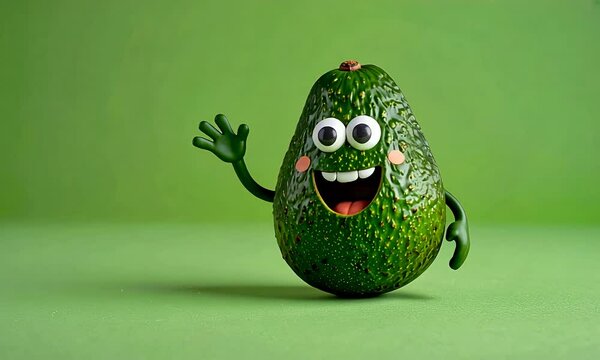Smiling avocado character waves hello
