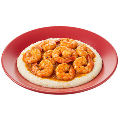 Delicious shrimp dish served on a vibrant red plate, showcasing a creamy base with sauce