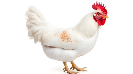 A white chicken standing on a farm