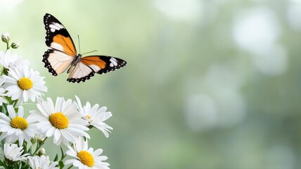 Obraz premium Beautiful Butterfly Flying Over White Daisy Flowers in Nature butterfly daisy nature flying white ai