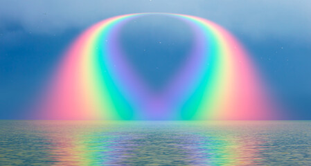 Calm sea before storm with abstract amazing rounded rainbow at sunset   