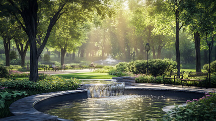 Classic geometric garden with central fountain and greenery high resolution picture