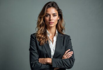 Confident Businesswoman in Black Suit with Crossed Arms
