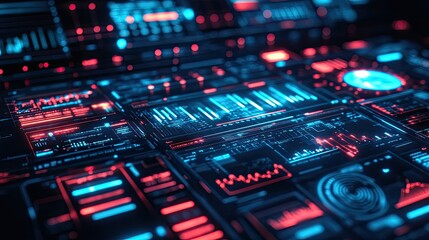 Obraz premium A vibrant, futuristic digital interface showcasing intricate data visualizations and glowing elements, set against a dark background, ideal for technology and innovation themes