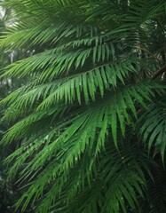 Fototapeta premium Emerald green palm frond, sharp focus on intricate details Tropical paradise aesthetic , image, tropical, botanical