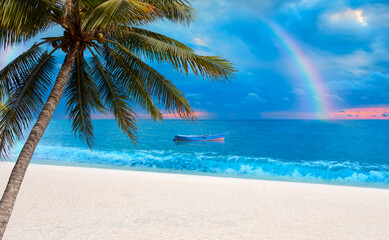 Palm trees at a tropical beach with boat