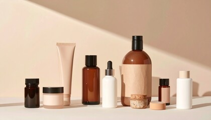 Minimalist skincare and cosmetic bottles and jars arranged on a neutral background, showcasing modern packaging design.