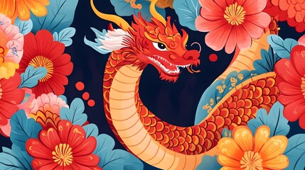 Obraz premium Vibrant Chinese dragon surrounded by ornate floral patterns