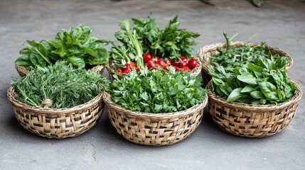Assortment of fresh herbs and vegetables arranged in woven baskets.