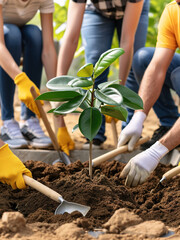 Close-up of unrecognizable environmental volunteers wearing gloves and using tools to plant a small seedling, symbolizing teamwork, conservation, and a greener future