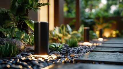 Evening garden pathway, softly lit with modern landscape lighting. Lush tropical plants and pebbles line the path