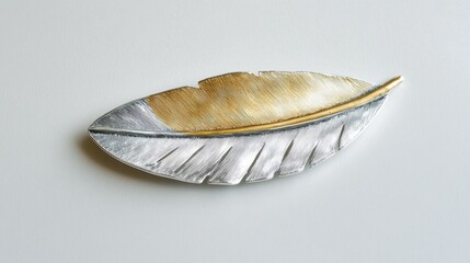 Metallic feather-shaped brooch combining silver and gold tones displayed on a clean white surface in a modern layout
