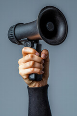 Female hand holding black megaphone, symbolizing communication and expression. hand is raised confidently, conveying sense of urgency and importance