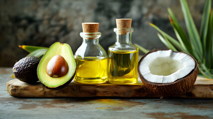 una tabla de madera con aceite de coco y de aguacate alimentos veganos vegetarianos saludables y organicos productos tropicales naturales
