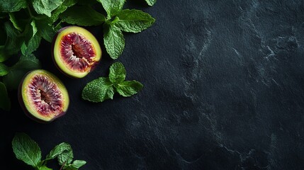 Frame Passionfruit cooler mint sprig on stone table, black background.