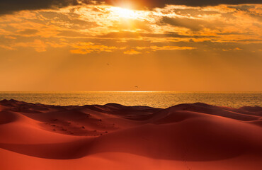 Sahara desert with Atlantic ocean meets near coast - Morocco, North Africa