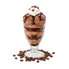 Delicious chocolate ice cream sundae with whipped cream and coffee beans scattered around