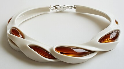 Modern amber necklace styled in a spiral on white matte ceramic to emphasize design symmetry
