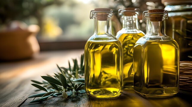 frascos de vidrio con aceite de oliva fresco y delicioso producto natural para un estilo de vida saludable con ramas de olivo decorativas sobre una mesa de madera con espacio de copia 