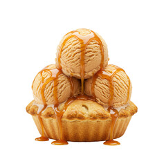 Delicious dessert featuring three scoops of ice cream on a warm muffin with caramel drizzle