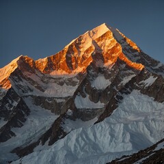 "Illustrate Shishapangma as seen from a remote Tibetan village at dusk, with the mountain glowing in the distance like a silent guardian under the soft light of the setting sun, while villagers light 