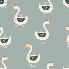 Cute swan seamless pattern. Childish and playful  vector illustration for kids or baby apparel,  textile, print, wrapping paper, kindergarten, bedding and other