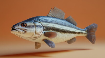 Fototapeta premium Realistic sea bass with visible stripes and lifelike eyes centered on a clean orange background