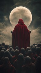 Man with red hood surrounded by men with black hoods, concept of esoteric figure Antichrist with copy space vertically 9:16