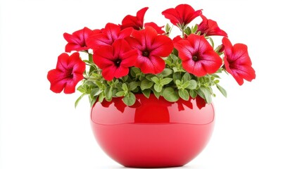 Fototapeta premium Red pot and red flowers in full bloom displayed cleanly in center over a bright white background with soft lighting
