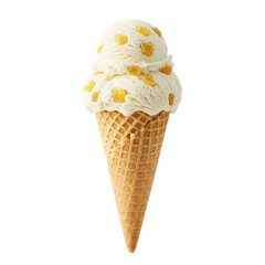 Delicious ice cream cone with creamy scoops and yellow sprinkles on a white background