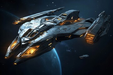 A futuristic spacecraft with glowing lights in outer space