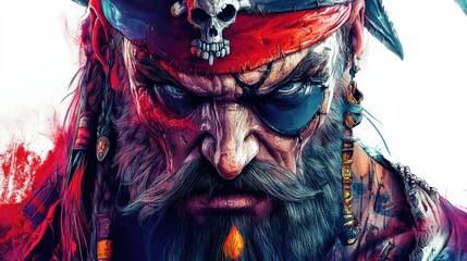 Detailed illustration of a pirate character with intense expression and vibrant colors