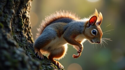 Obraz premium Squirrel Climbing Tree Natural Art Picture