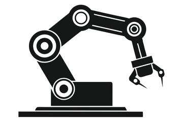 Black robotic arm extends with dual pincers on white displays modern automation icon