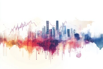 Fototapeta premium skyscrapers painting, artistic rendering of global markets interconnected with investment banks, set against a minimal background with lots of copy space
