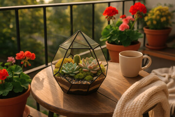 Sunny Balcony Scene with Succulent Terrarium, Coffee, and Geraniums