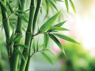 Green bamboo stalks and leaves with a blurred natural background, conveying freshness and tranquility.