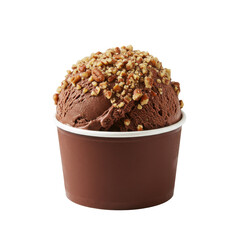 A delicious chocolate ice cream scoop topped with crunchy nuts in a cup