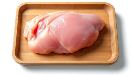 A single, raw chicken breast rests on a wooden tray, ready for cooking. Clean and pristine, this close-up shot showcases the fresh poultry in all its natural beauty.