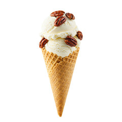 Delicious ice cream cone with two scoops topped with pecans against a white background