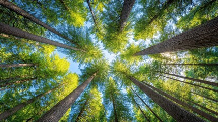 Fototapeta premium Tall trees viewed from below with sunlight filtering through green leaves, creating a natural canopy against a blue sky.