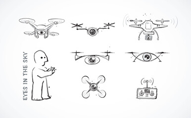 Doodle-style vector of drones with cameras, a remote control, and a drone operator on white background