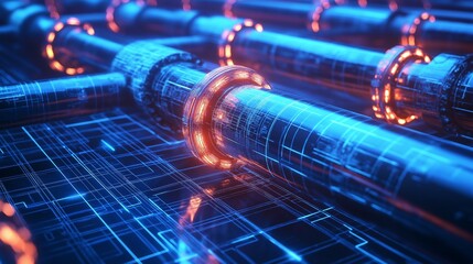 glowing gas pipeline network map with illuminated routes, set on a futuristic grid-style background in deep blue tones