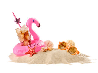 Wooden signboard with sunglasses, starfish, shells, pink flamingo inflatable ring and glass of cold tonic with ice on sandy island isolated on white background with clipping path. Design element.