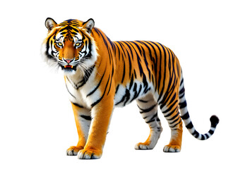 Fototapeta premium Majestic Bengal Tiger Standing Isolated Black Background Powerful Wildcat Orange Stripes Fur Wildlife Predator Animal Nature Photography Image big apex eyes 