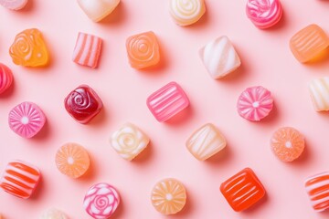 Obraz premium pink vanilla strawberry various hard candies arranged in a pattern, with a soft background and plenty of copy space