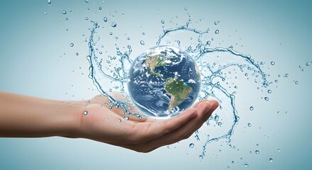 Globe held in hand with water splash