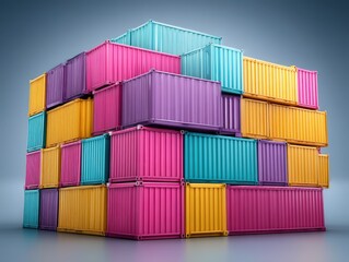Obraz premium Brightly colored shipping containers stacked together creating a dynamic architectural arrangement showcasing modern design aesthetics and vibrant color contrasts enhancing visual appeal
