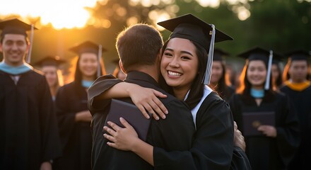 Fototapeta premium Graduate Hugging Father After Ceremony with Other Graduates Smiling